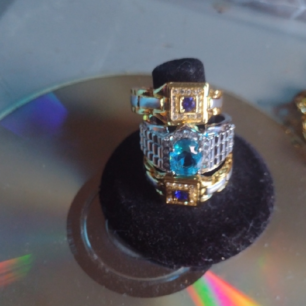 Elegant Gold and Silver Ring Set with Blue Accents